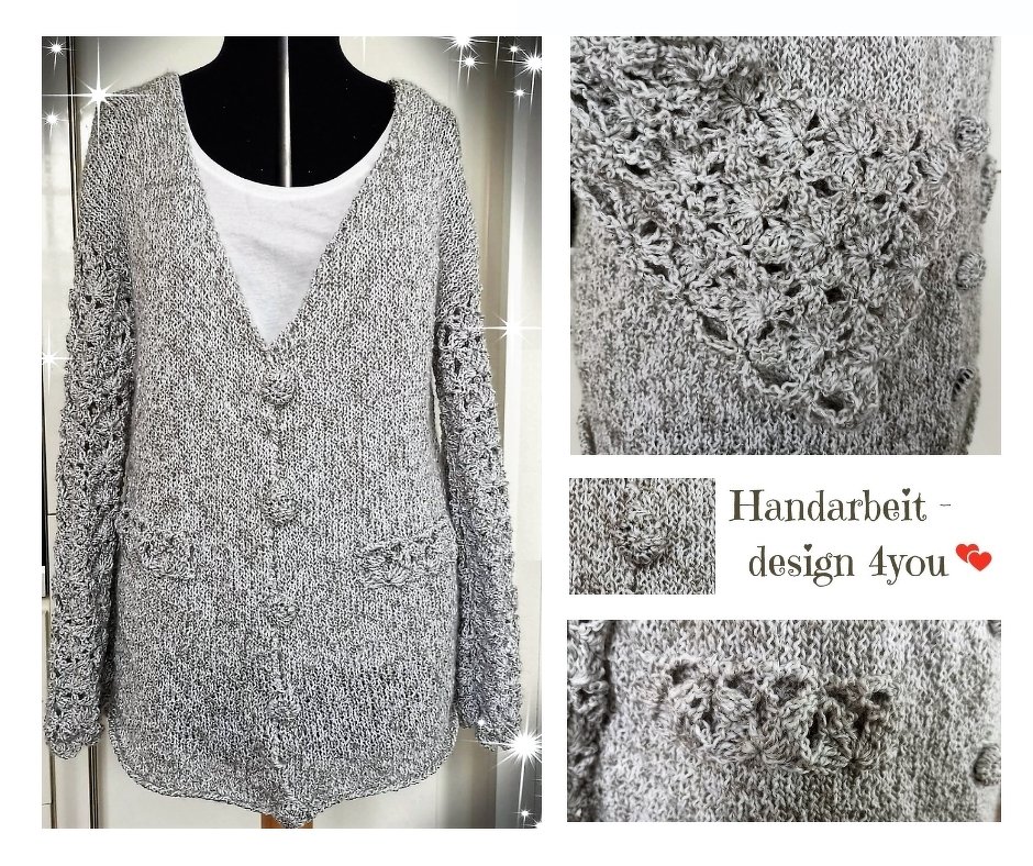 Graumelierter handgestrickter Cardigan auf Schneiderpuppe mit Lochmuster an Ärmeln und Vorderteil und drei stoffbezogenen Knöpfen