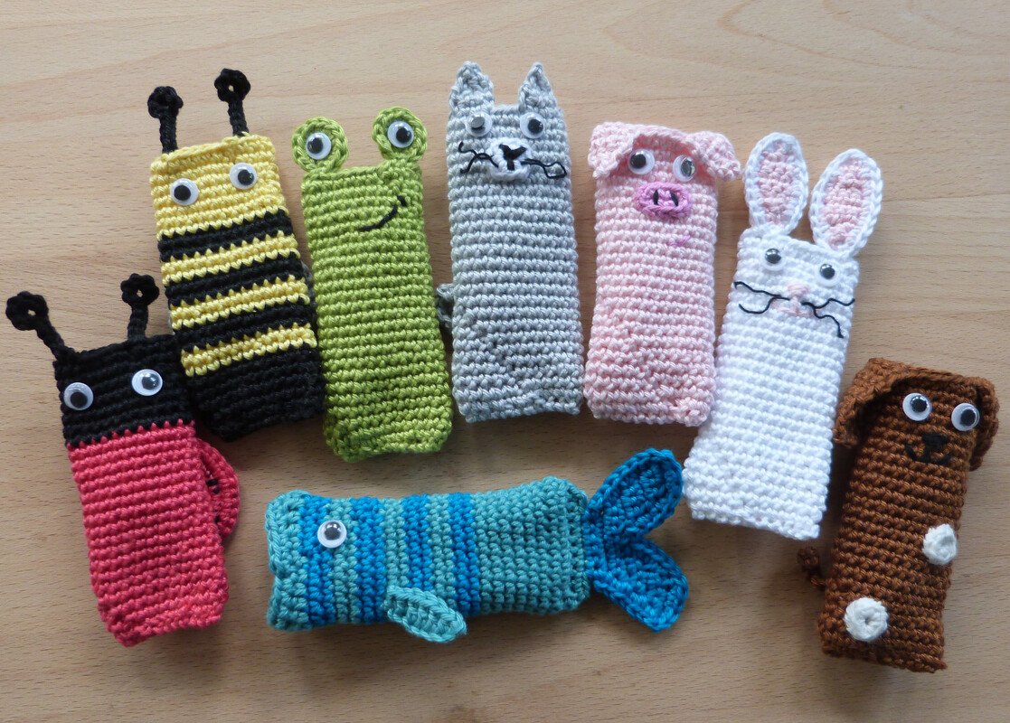 Häkelanleitung für Wassereis-Taschen, 8 Modelle: Hund, Katze, Biene, Frosch, Fisch, Schwein, Kaninchen und Marienkäfer