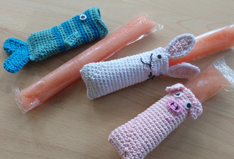 Häkelanleitung für Wassereis-Taschen Tiere, 8 Modelle