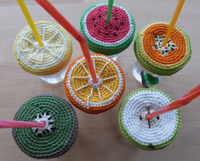 Häkelanleitung für Glas-Deckel "Früchte" mit Trinkhalmhalter