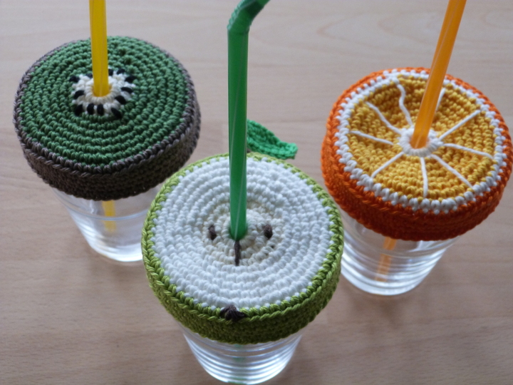 Häkelanleitung für Glas-Deckel "Früchte" mit Trinkhalmhalter