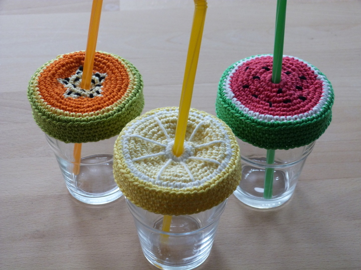 Häkelanleitung für Glas-Deckel "Früchte" mit Trinkhalmhalter