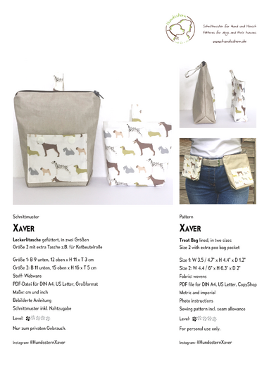 XAVER Leckerlibeutel gefüttert, in 2 Größen, Nähanleitung+Schnitt