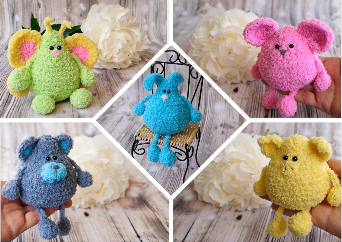 Collage von fünf flauschigen Amigurumi-Häkeltiere in Grün, Blau, Pink, Grau und Gelb auf Holzboden mit weißen Blumen.