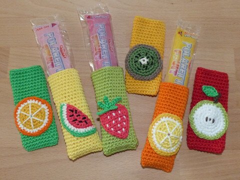 Häkelanleitung für Wassereis-Taschen "Früchte", 6 Modelle: Zitrone, Orange, Apfel, Kiwi, Melone und Erdbeere