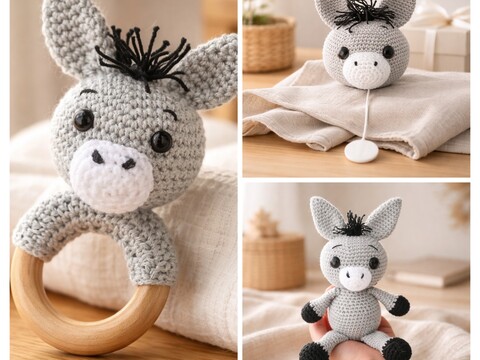 Crochet Pattern Donkey Rattle, Donkey Emil and Donkey Music Box