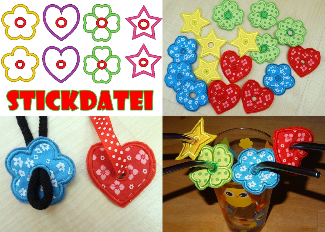 Ösen Stickdatei Herz Stern Kleeblatt Blume