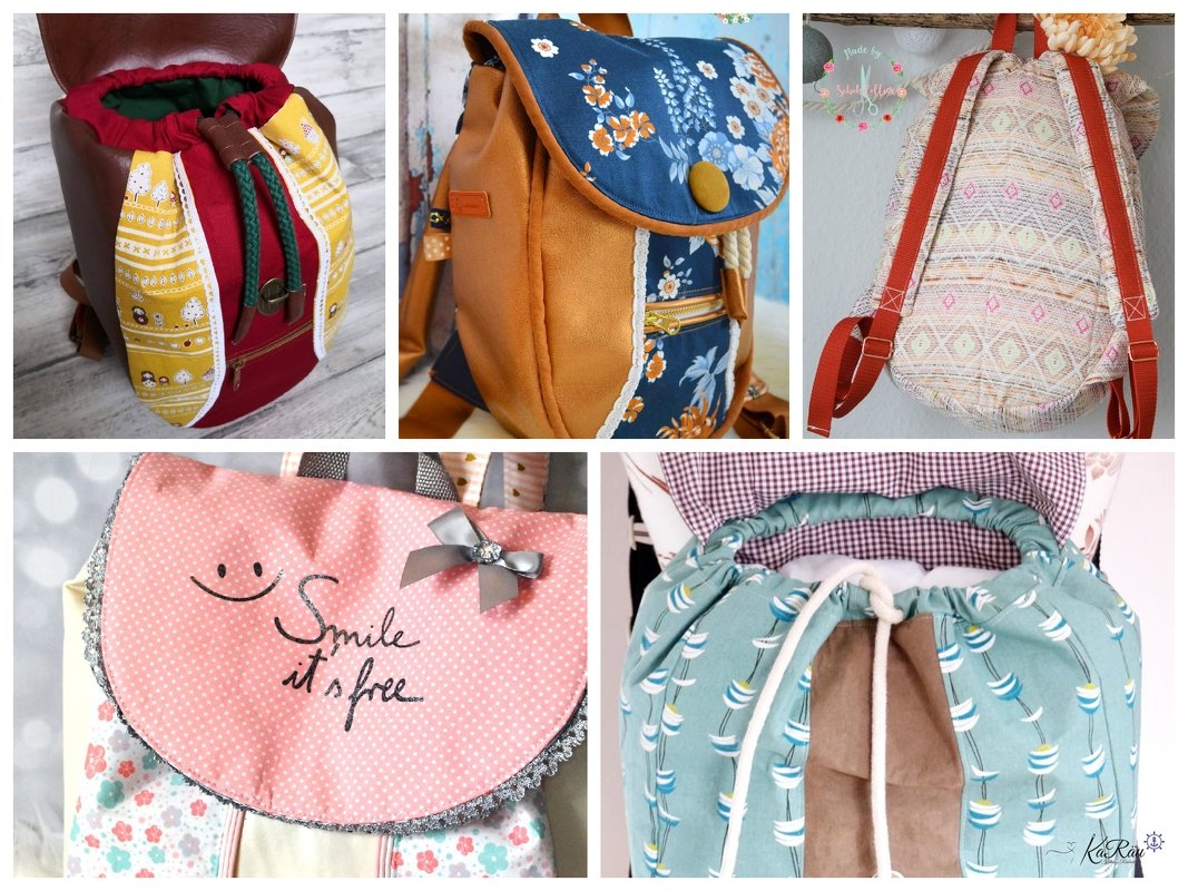 Mehrere bunte genähte Rucksäcke mit gemusterten Stoffen, Klappen, Zierbändern und verschiedenen Trägerdesigns.