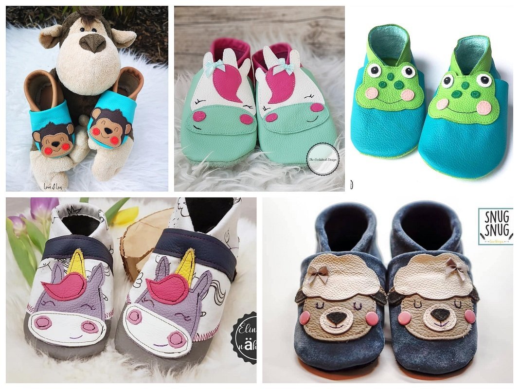 Mehrere Paar weiche Babyschuhe mit Tierapplikationen (Affe, Einhorn, Frosch, Schaf) in verschiedenen Farben