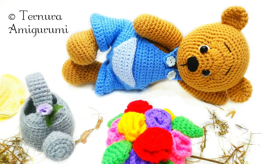 Häkelanleitung, LEO, der Gärtner Bär 34cm! PDF ternura amigurumi english- deutsch- dutch