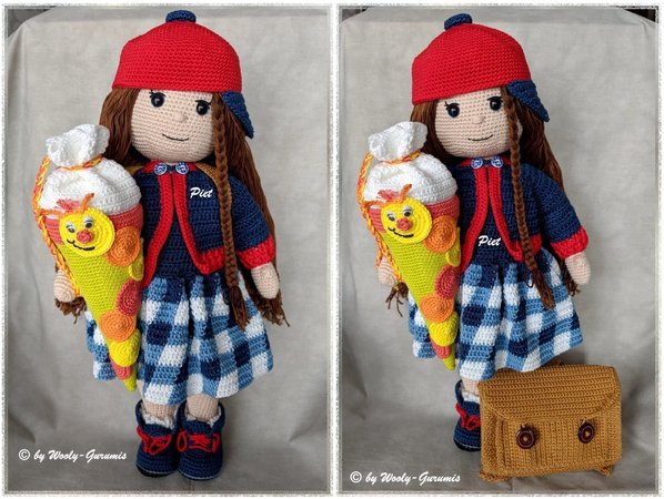 Häkelanleitung Amigurumi / Puppe Mia im Back To School Outfit + Nostalgie-Schul-Set / Puppe + Outfit + Zubehör