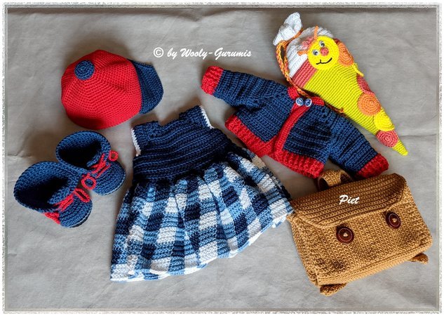 Häkelanleitung Amigurumi / Puppe Mia im Back To School Outfit + Nostalgie-Schul-Set / Puppe + Outfit + Zubehör