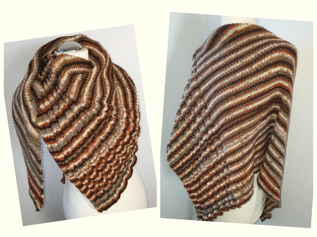 Gestricktes Dreieckstuch mit diagonalen Streifen in Braun, Beige und Creme auf Mannequin