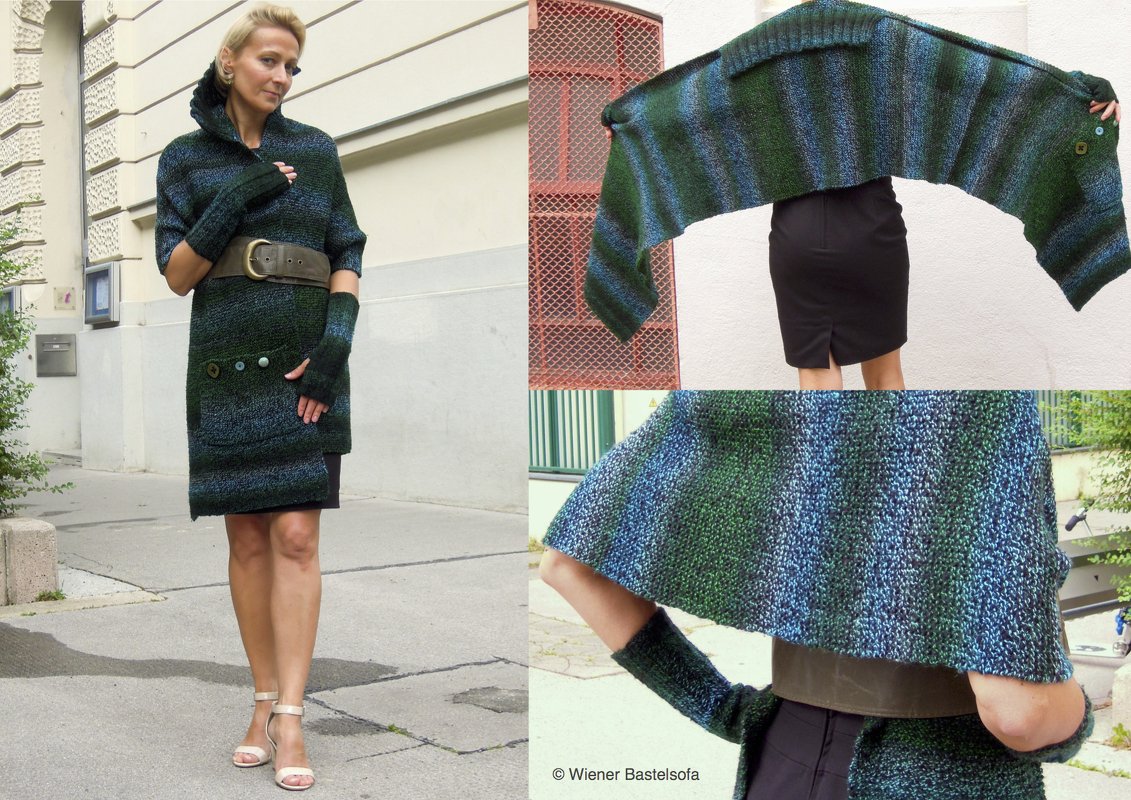 Stola mit Kragen, Tasche und Stulpen, für AnfängerInnen, großer Schal, Wickeljacke, Seelenwärmer