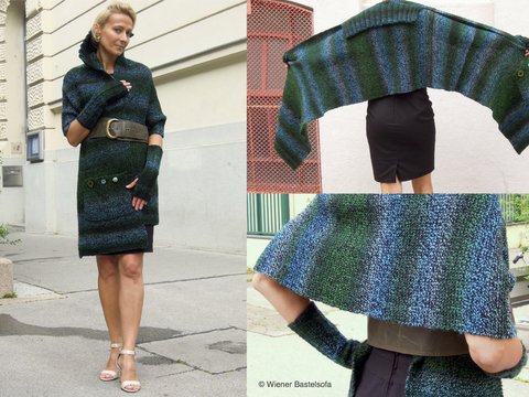 Stola mit Kragen, Tasche und Stulpen, für AnfängerInnen, großer Schal, Wickeljacke, Seelenwärmer