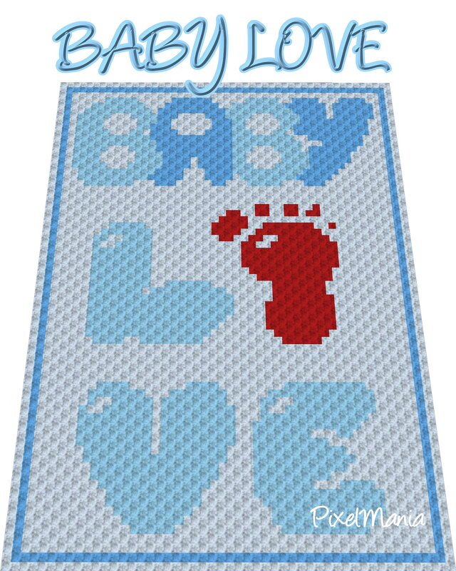 Pixel-Häkelmuster 'BABY LOVE' mit hellblauem Schriftzug und rotem Baby-Fußabdruck auf hellem Hintergrund.