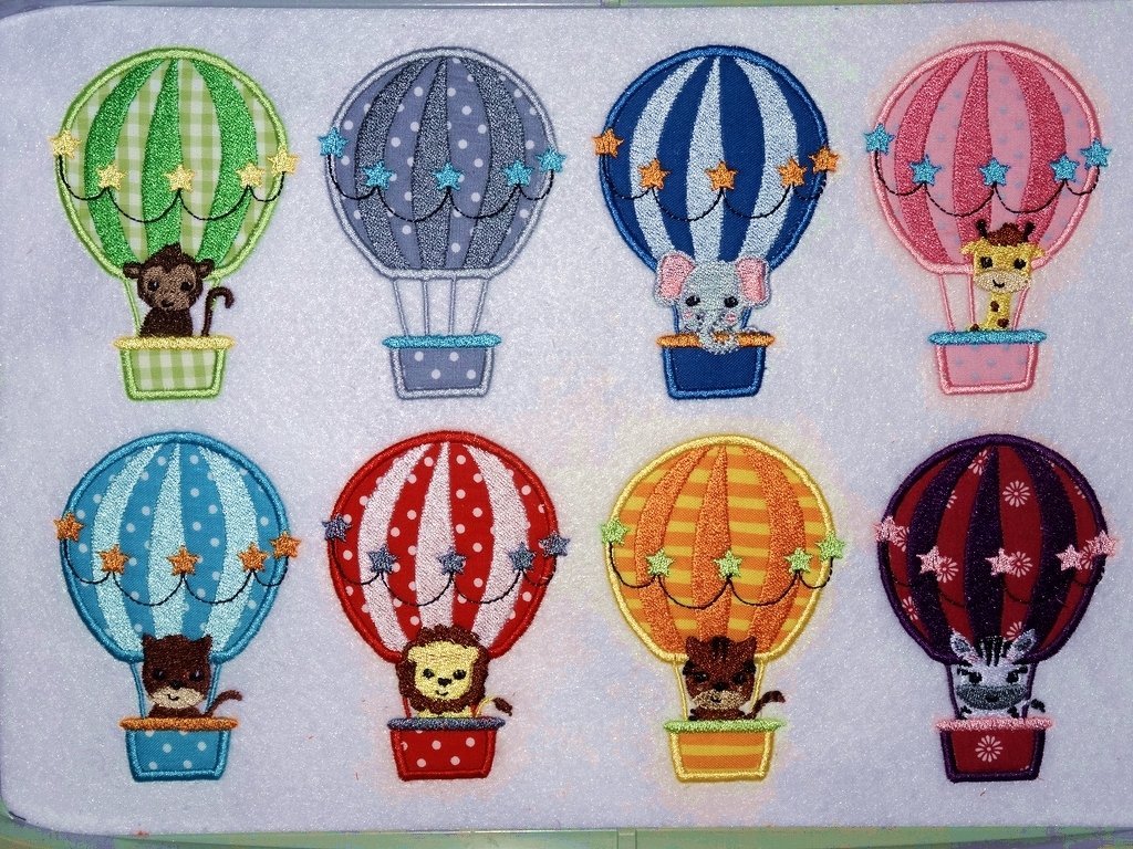 Ballon Tiere Stickdatei mit Elefant und Giraffe im Heißluftballon