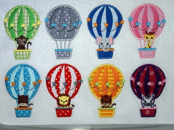 Ballon Tiere Stickdatei mit Elefant und Giraffe im Heißluftballon