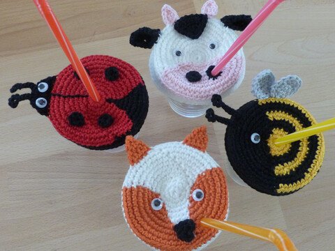 Häkelanleitung für Glas-Deckel mit Trinkhalmhalter "Tiere 2"