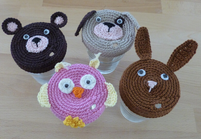 Häkelanleitung für Glas-Deckel mit Trinkhalmhalter "Tiere 3"