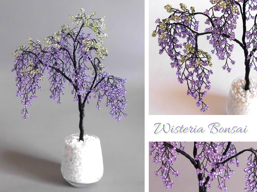 Wisteria bonsai tree - made of pearls and wire - and love