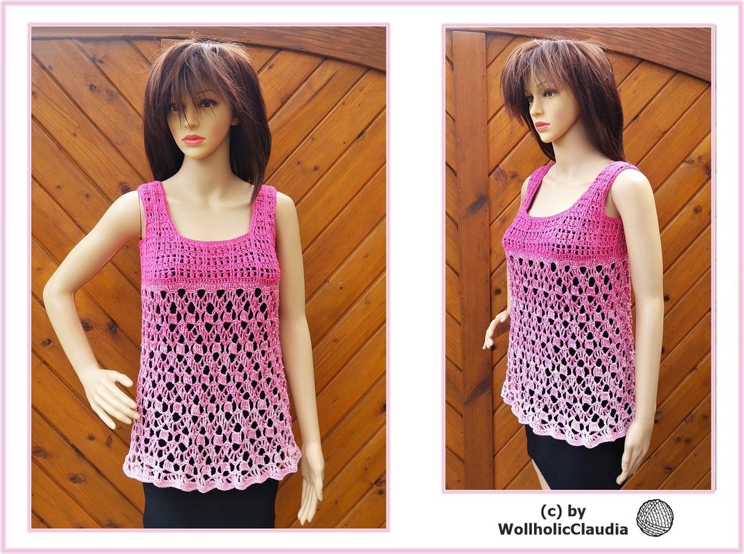 Mannequin trägt rosa gehäkeltes ärmelloses Top mit Ajourmuster und gewelltem Saum