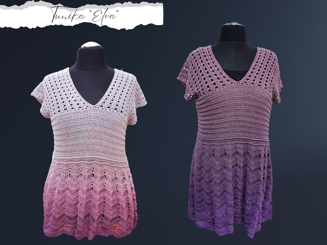 Zwei gehäkelte Tuniken auf Schaufensterpuppen, links rosa Farbverlauf, rechts violetter Farbverlauf, V-Ausschnitt, Lochmuster und Zickzackmuster am Saum.