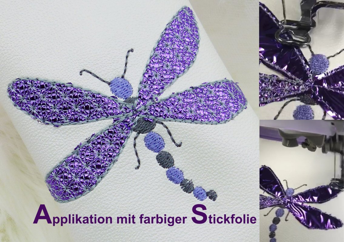Applikation Libelle für farbige Stickfolie, zwei Größen