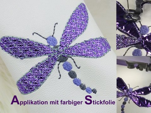 Applikation Libelle für farbige Stickfolie, zwei Größen
