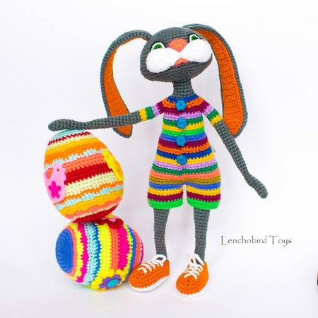 Amigurumi pattern for the Easter bunny. Colorful crochet sporty rabbit