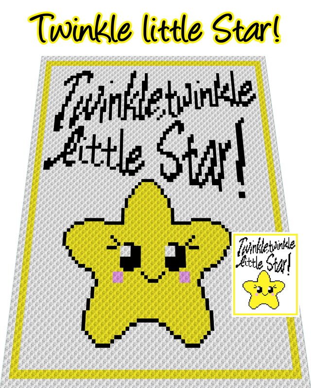 Pixelhäkelmuster eines gelben Sterns mit Augen und dem Schriftzug 'Twinkle little Star!' auf hellem Hintergrund mit gelber Umrandung.