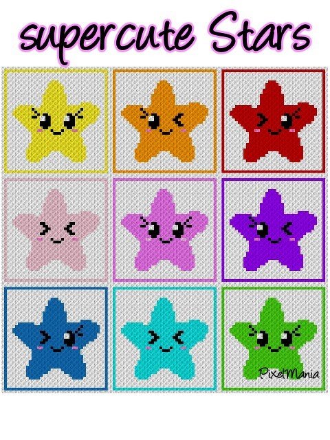 Neun gehäkelte Pixelsterne mit Gesichtern in einem 3x3-Raster, jeweils in unterschiedlichen Farben.