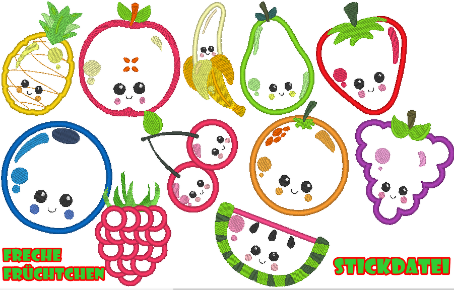 freche Früchtchen Obst Stickdatei für Stoffapplis