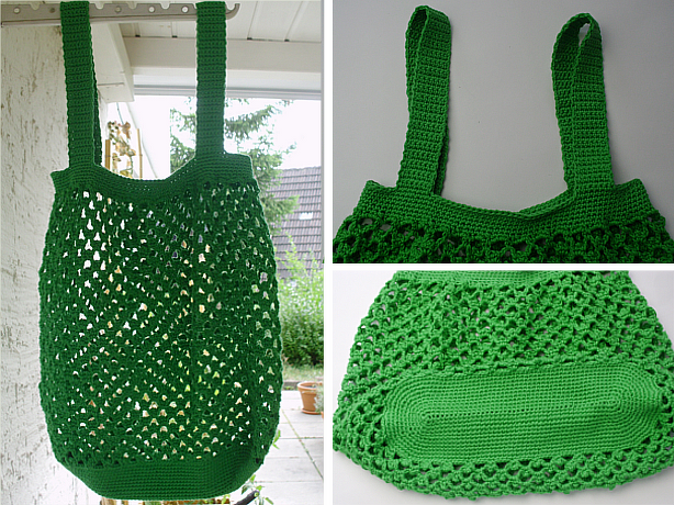 Grüne gehäkelte Netztasche mit breiten Trägern und festem Boden, hängend.