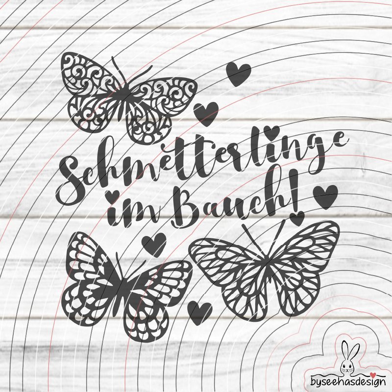 Vektorgrafik mit drei filigranen Schmetterlingen, mehreren Herzen und dem Schriftzug ‚Schmetterlinge im Bauch‘ auf hellem Hintergrund.