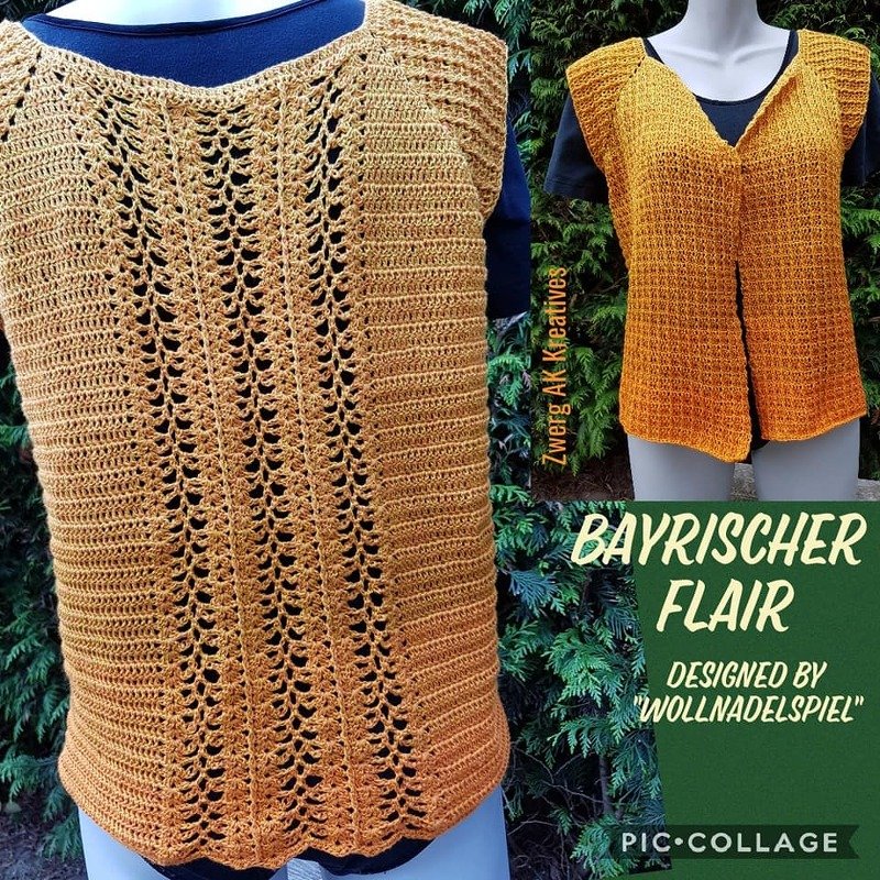 Gehäkelte senfgelbe Damenweste mit vertikalen Lochmusterstreifen und V‑Ausschnitt auf Schaufensterpuppe