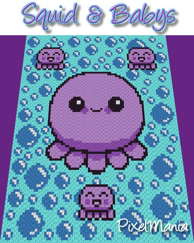 Pixel-Häkelmuster: großer lila Oktopus mit drei Baby‑Oktopussen und blauen Blasen auf türkisfarbenem Hintergrund.