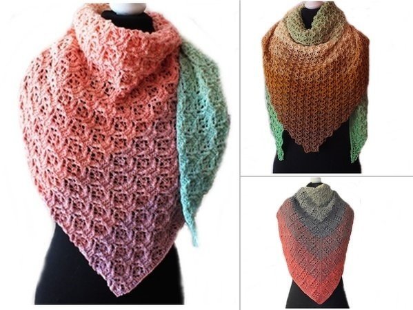 Collage: Gestrickte Dreieckstücher mit Ajourmuster in drei Farbvarianten