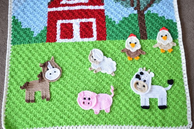 Farm animal frieds applique blaket- horse, sheep, cow, chicken, pig, crochet baby blanket pattern
