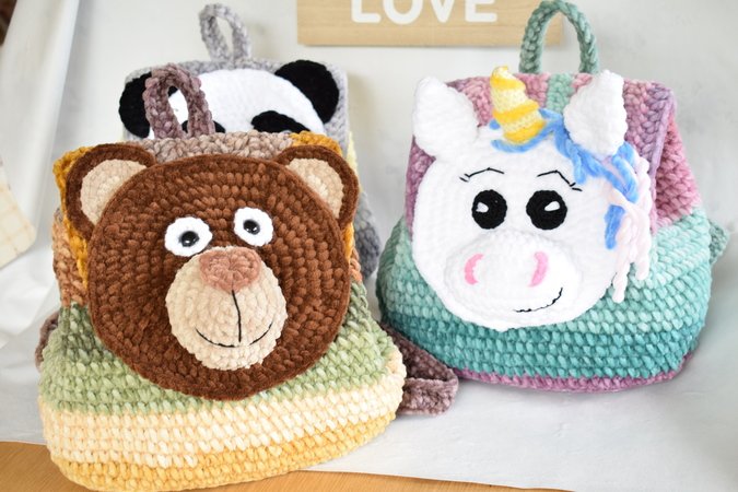 Crochet velvet backpack pattern. Panda, Bear, Unicorn