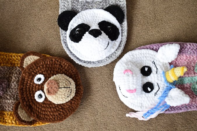 Crochet velvet backpack pattern. Panda, Bear, Unicorn