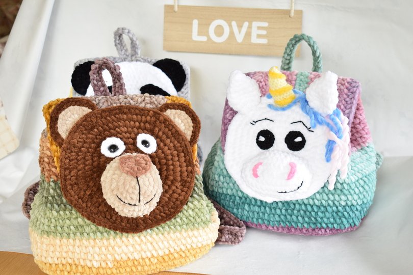 Crochet velvet backpack pattern. Panda, Bear, Unicorn