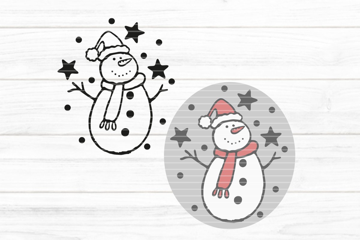 Fröhlicher Schneemann mit Mütze und Schal, umgeben von Sternen und Punkten; als Umriss- und Farbvariante.