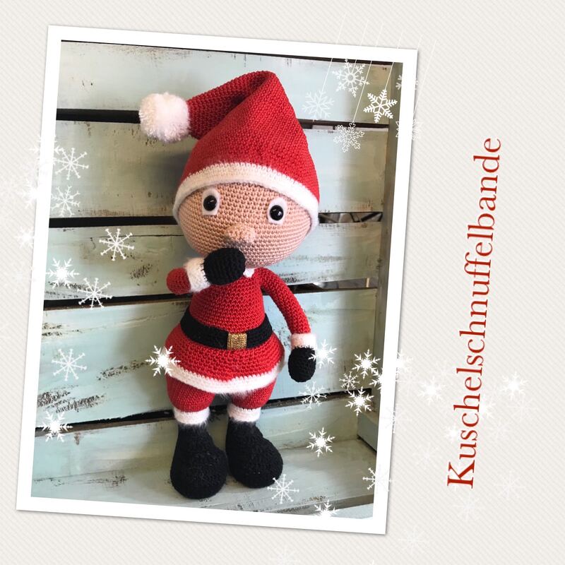 Gehäkelte Amigurumi-Weihnachtsmannpuppe in Rot, Schwarz und Weiß