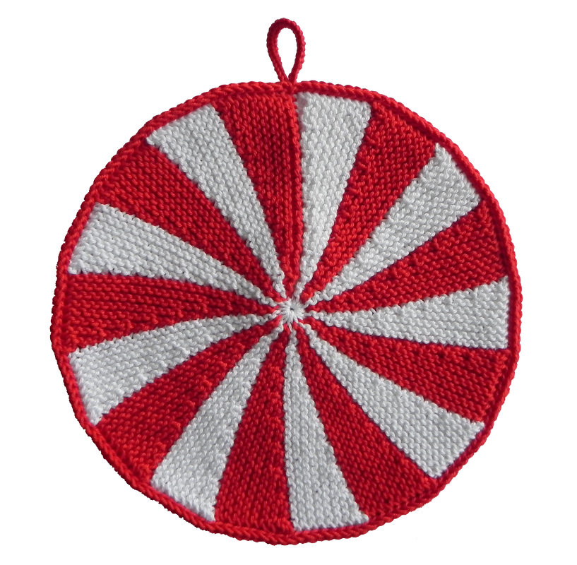 Runder rot-weiß gestreifter Topflappen mit radialem Muster und Aufhängeschlaufe.