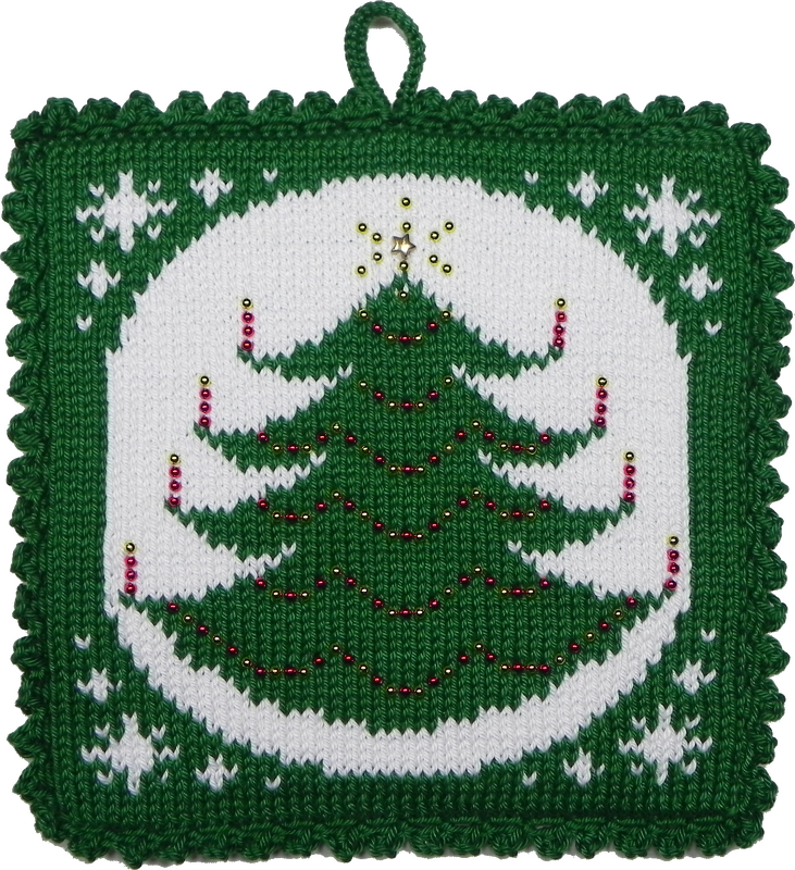 Gestrickter grüner Topflappen mit Tannenbaum, Perlen und Schneeflocken
