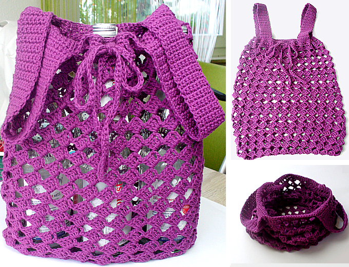 Violette gehäkelte Netztasche mit rautenförmigem Muster, breiten Trägern und Kordelzug, teilweise gefüllt
