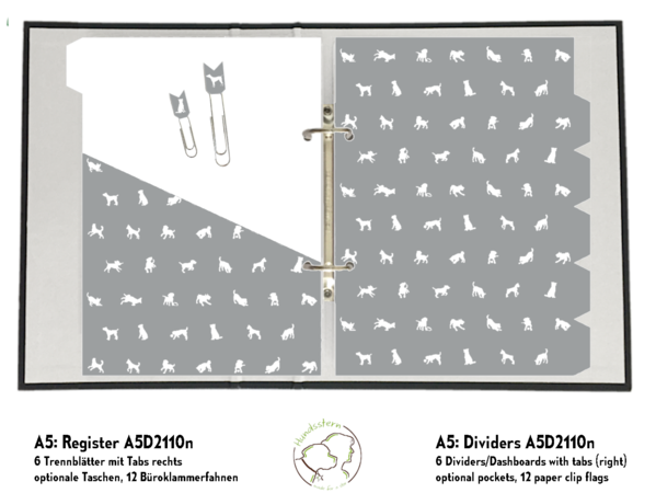 A5 Dividers Tabs w/ pockets Dogs platinum A5D21105n