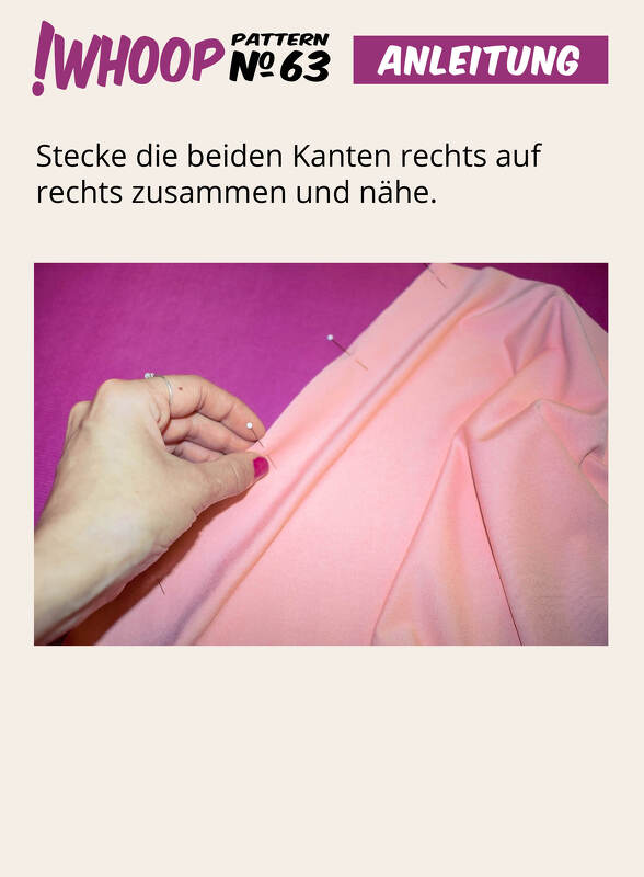 Hand steckt rosa Stoffkanten rechts auf rechts mit Stecknadeln