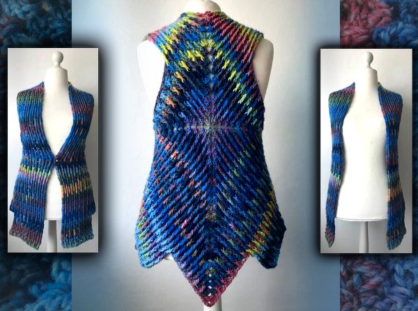 Gehäkelte ärmellose Damenweste mit blau-grünem Farbverlauf auf Schaufensterpuppe, Rück- und Seitenansicht